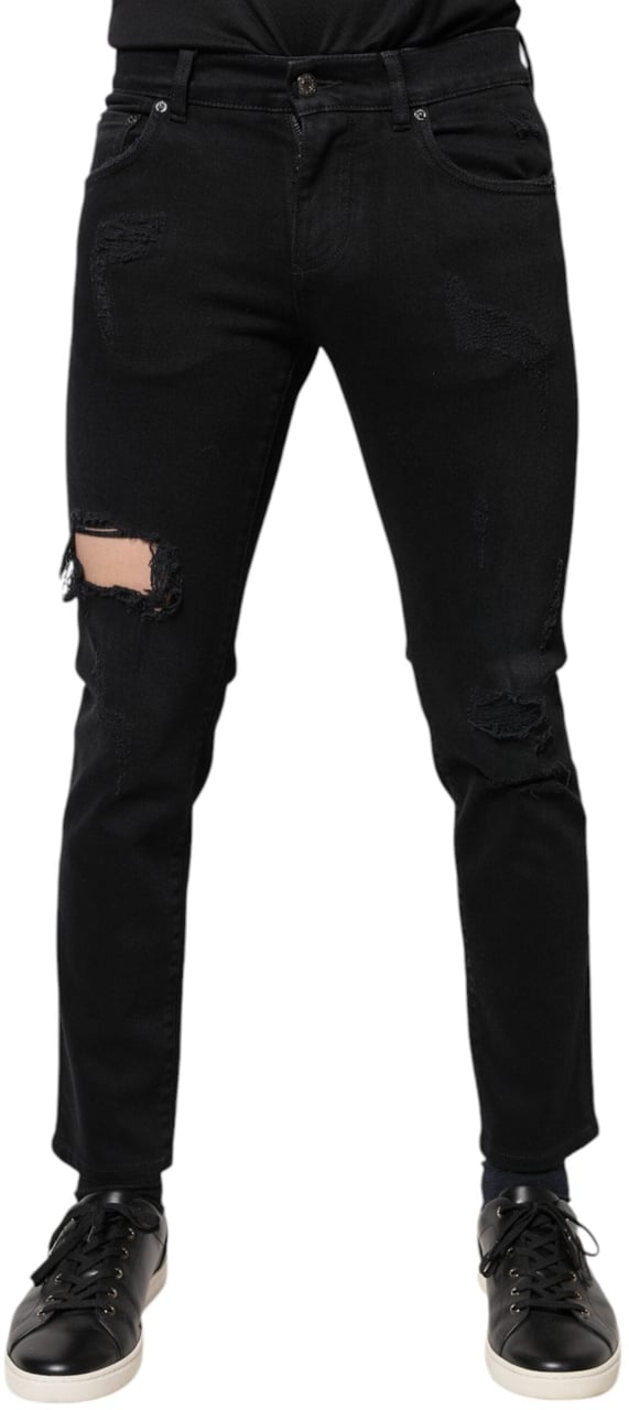 Dolce & Gabbana Black Cotton Tattered Skinny Denim Logo Jeans Zwart