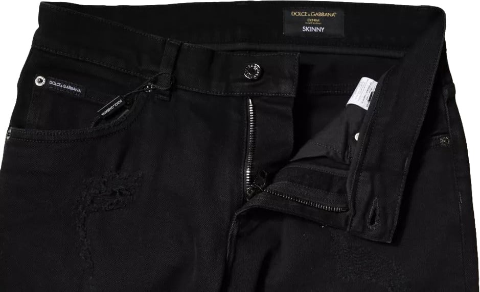Dolce & Gabbana Black Cotton Tattered Skinny Denim Logo Jeans Zwart
