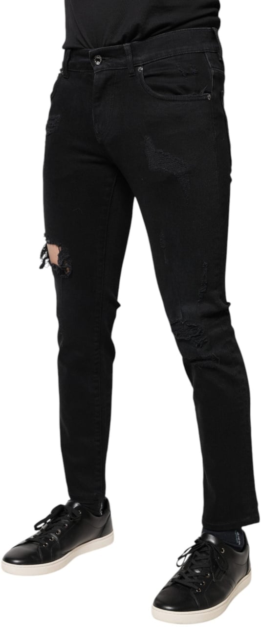 Dolce & Gabbana Black Cotton Tattered Skinny Denim Logo Jeans Zwart