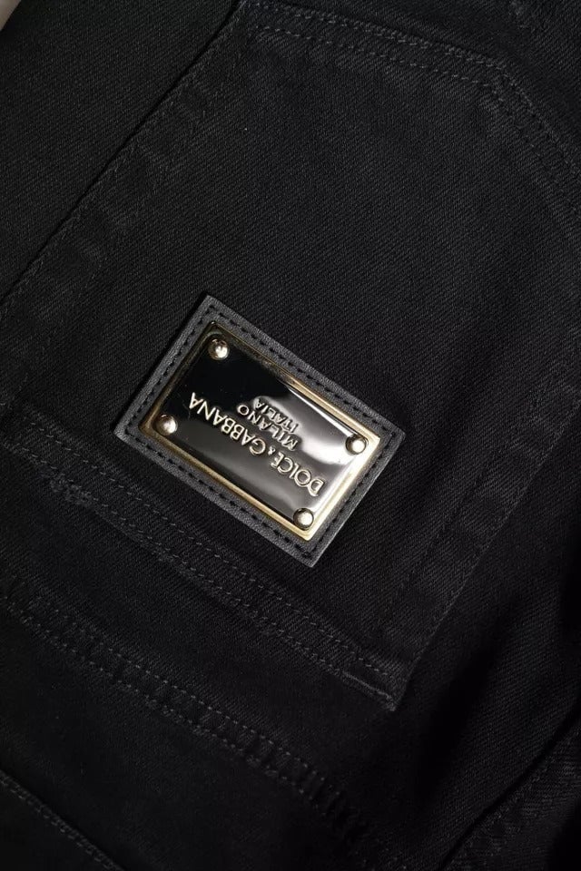 Dolce & Gabbana Black Cotton Tattered Skinny Denim Logo Jeans Zwart