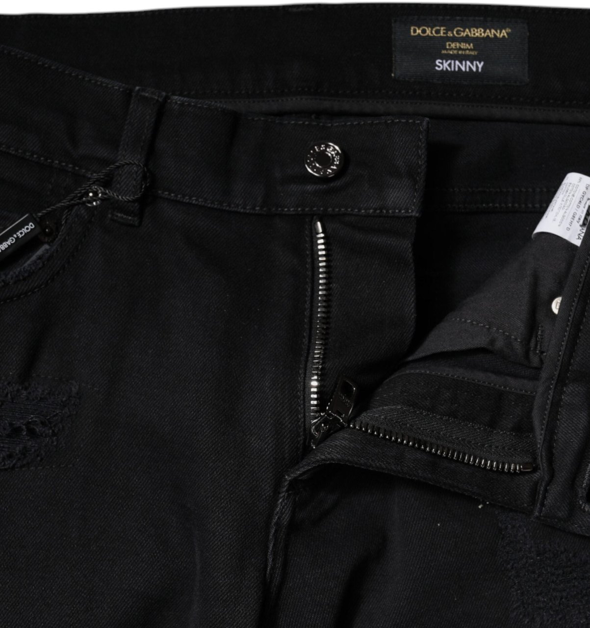 Dolce & Gabbana Black Cotton Tattered Skinny Denim Logo Jeans Zwart