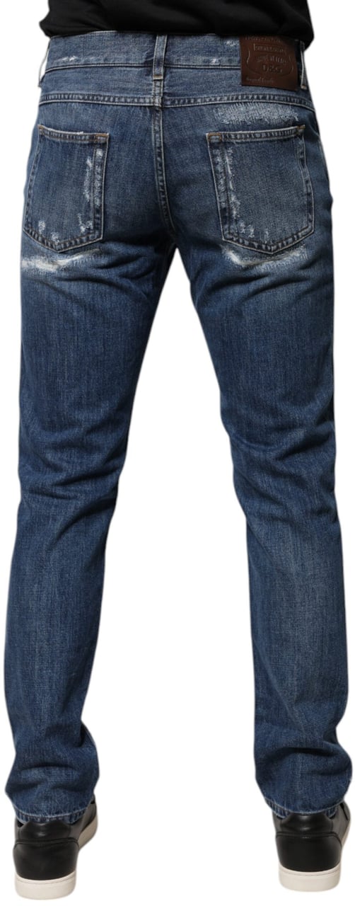 Dolce & Gabbana Blue Cotton Tattered Skinny Denim Jeans Blauw