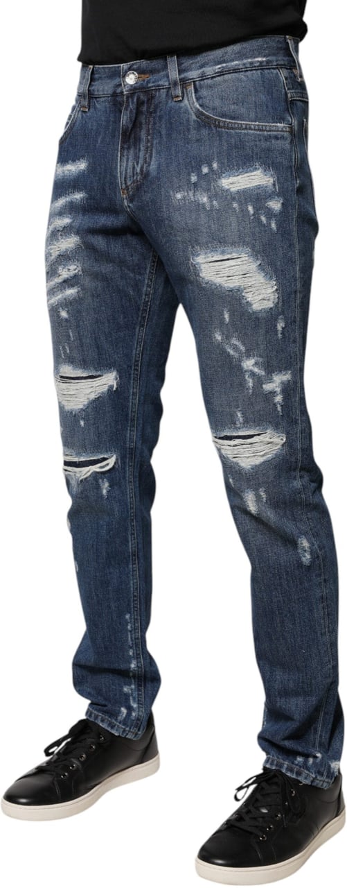 Dolce & Gabbana Blue Cotton Tattered Skinny Denim Jeans Blauw