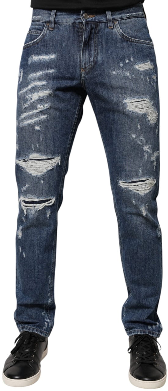 Dolce & Gabbana Blue Cotton Tattered Skinny Denim Jeans Blauw