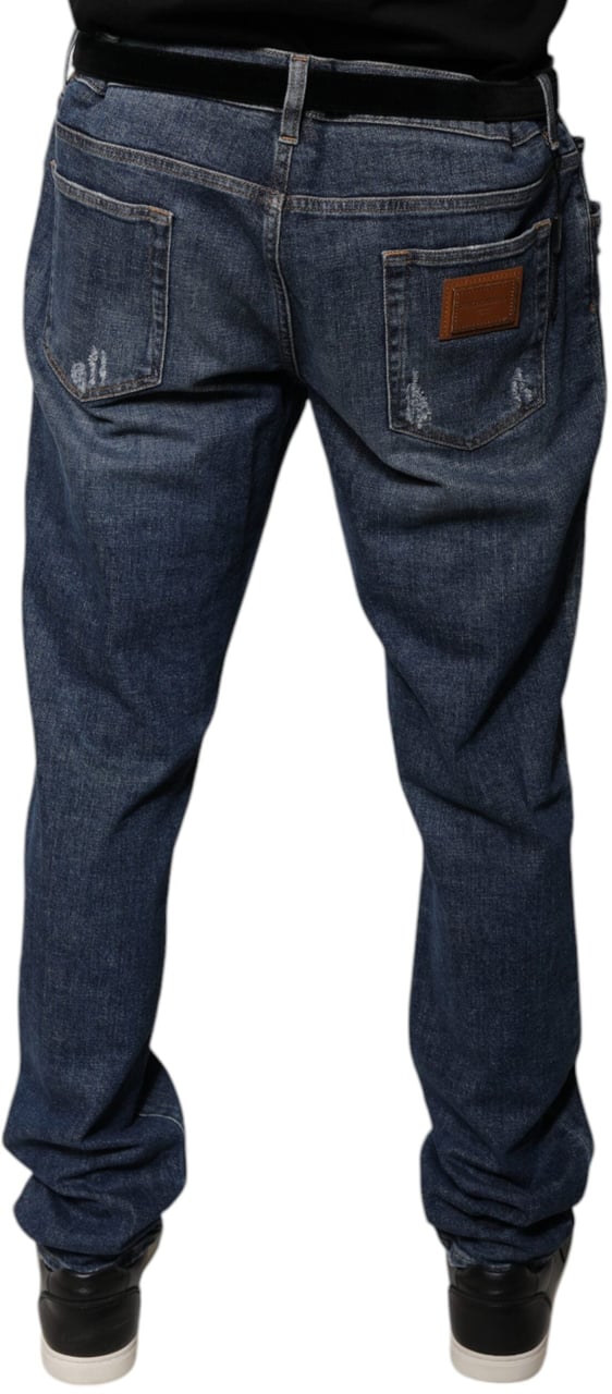 Dolce & Gabbana Dark Blue Cotton Logo Skinny Denim Jeans Blauw