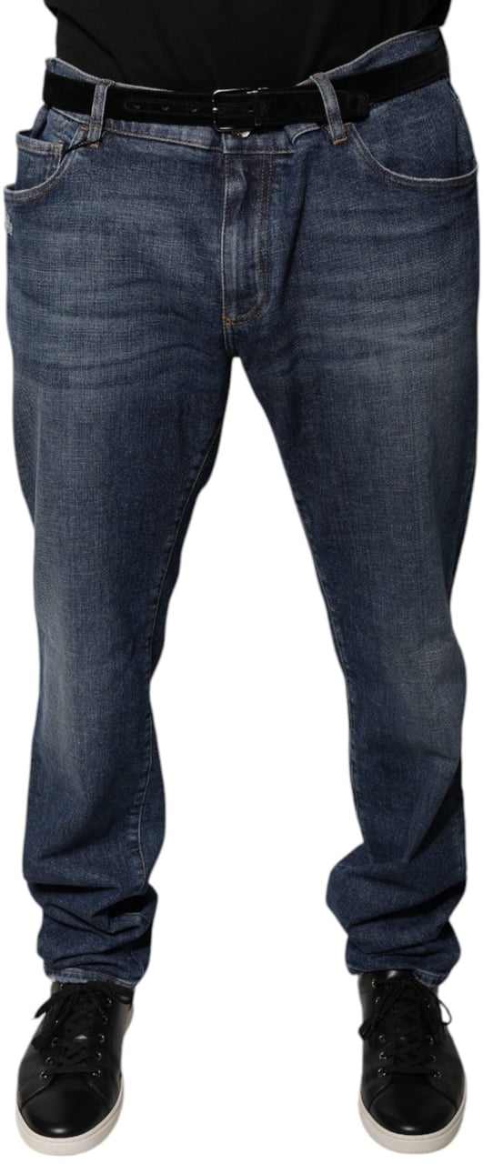Dolce & Gabbana Dark Blue Cotton Logo Skinny Denim Jeans Blauw