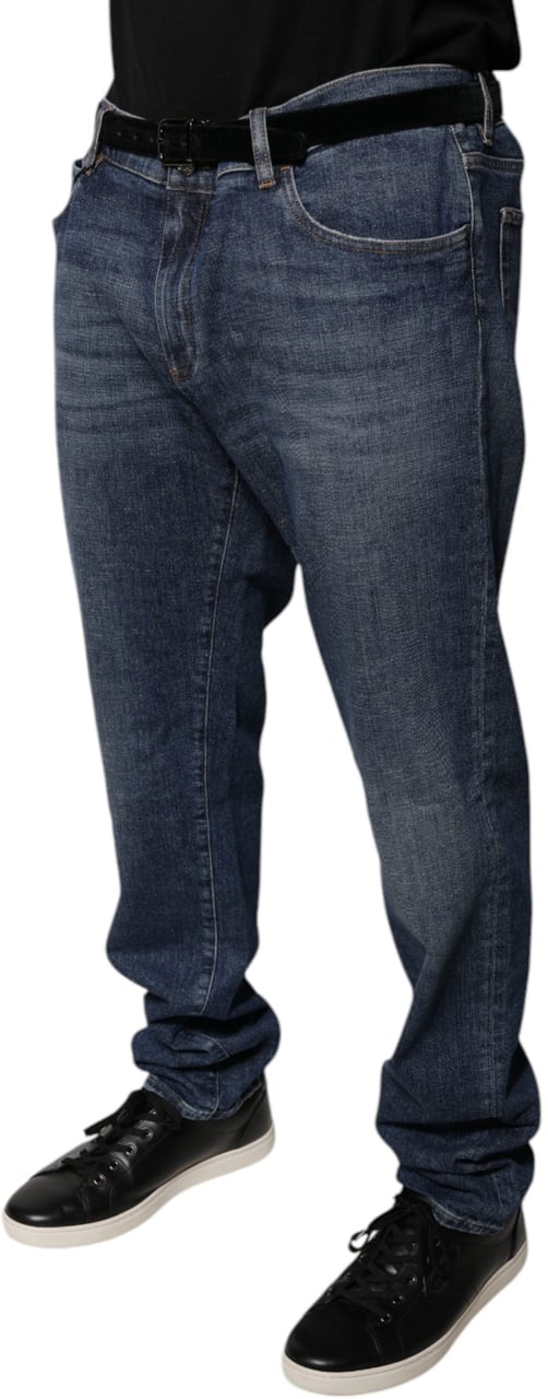 Dolce & Gabbana Dark Blue Cotton Logo Skinny Denim Jeans Blauw