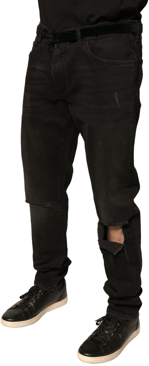 Dolce & Gabbana Black Ripped Logo Cotton Skinny Denim Jeans Zwart