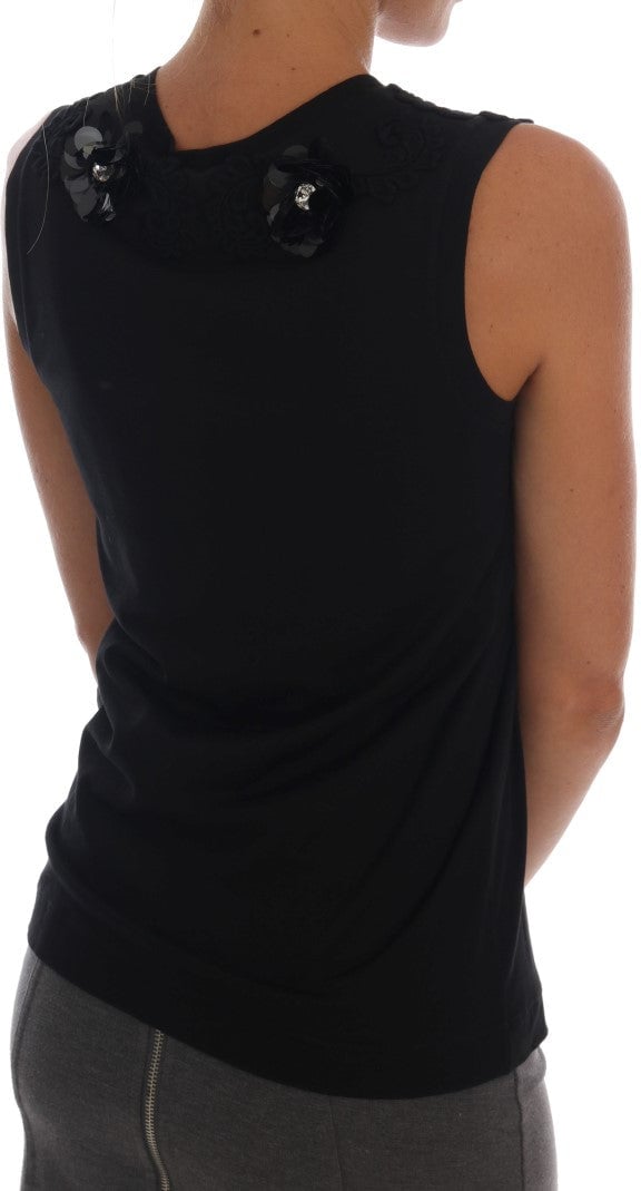 Dolce & Gabbana Black Cotton Floral Crystal Tank Top Zwart