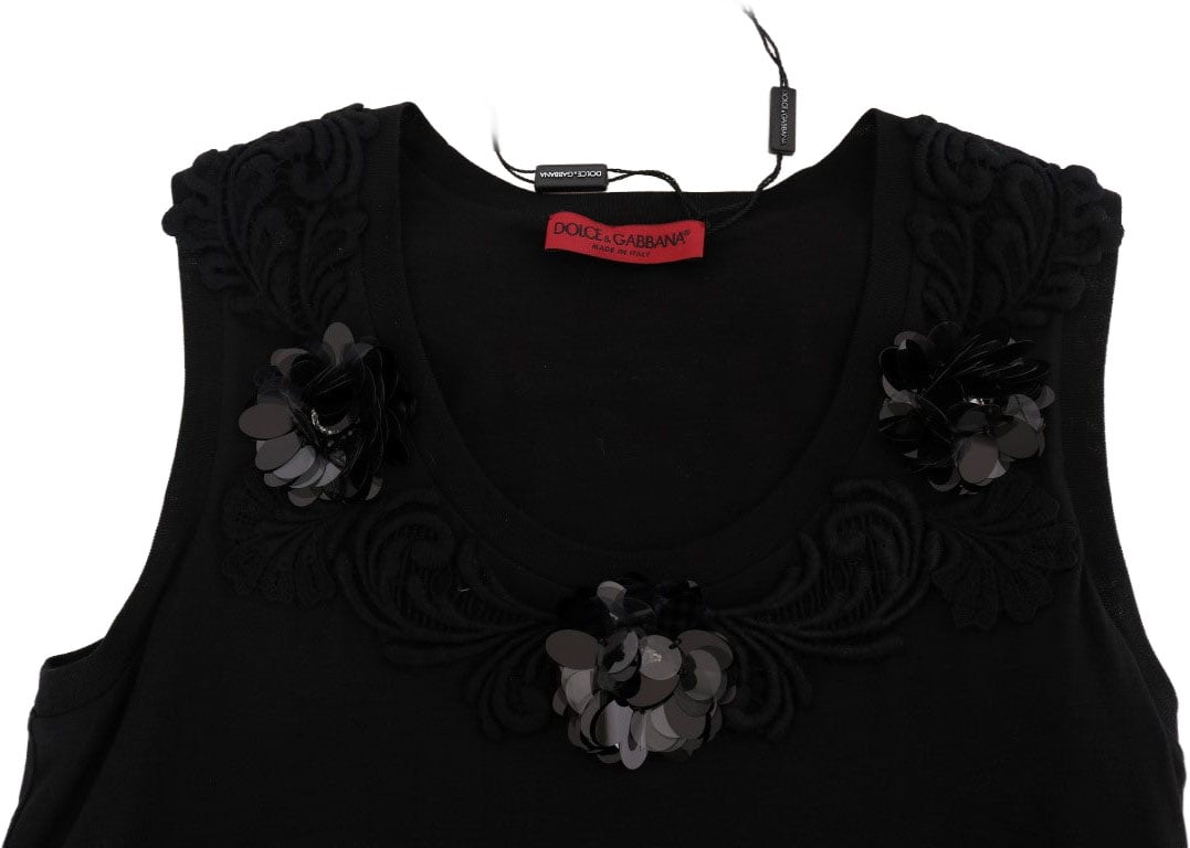 Dolce & Gabbana Black Cotton Floral Crystal Tank Top Zwart