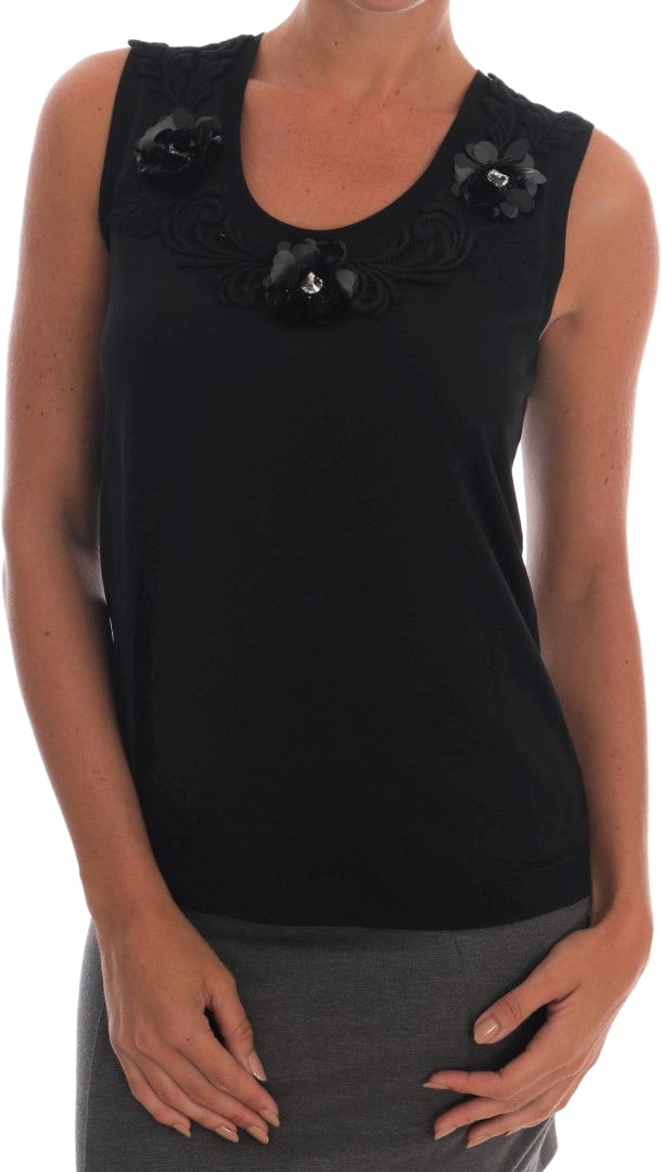 Dolce & Gabbana Black Cotton Floral Crystal Tank Top Zwart