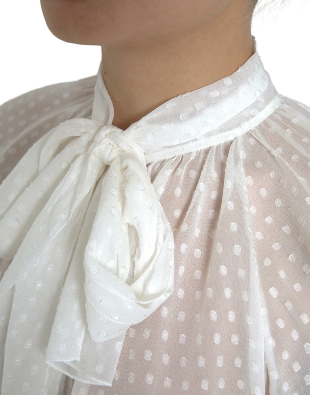 Dolce & Gabbana White Silk Sheer Tied Neck Polka Dots Blouse Wit