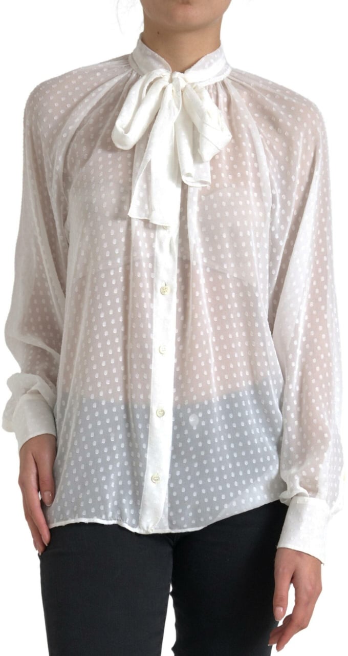 Dolce & Gabbana White Silk Sheer Tied Neck Polka Dots Blouse Wit