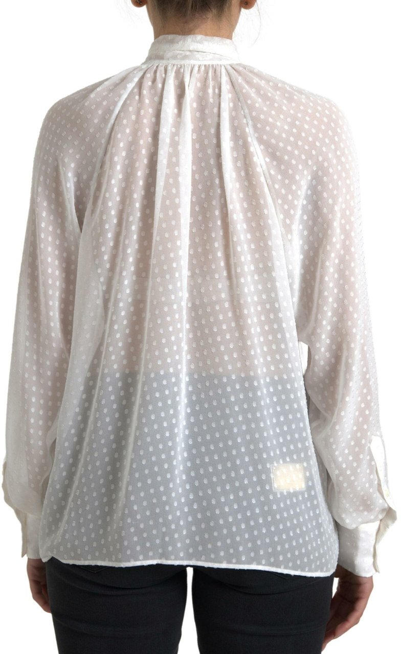 Dolce & Gabbana White Silk Sheer Tied Neck Polka Dots Blouse Wit