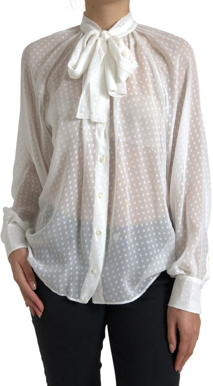 Dolce & Gabbana White Silk Sheer Tied Neck Polka Dots Blouse Wit