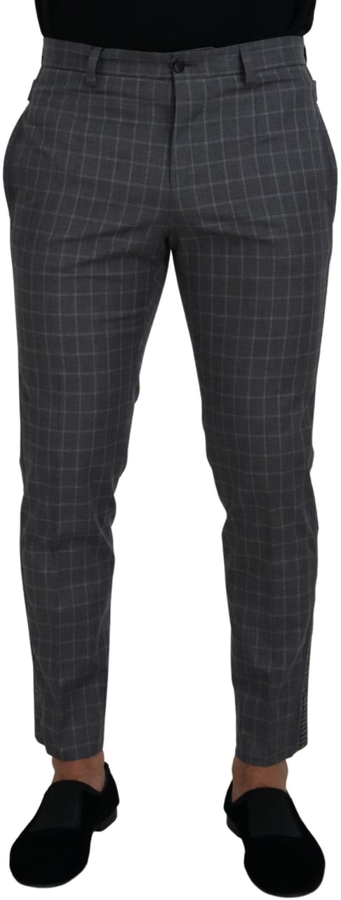 Dolce & Gabbana Grey Cotton Checkered Chino Pants Grijs