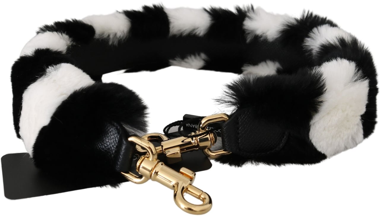 Dolce & Gabbana Black White Lapin Fur Accessory Shoulder Strap Zwart