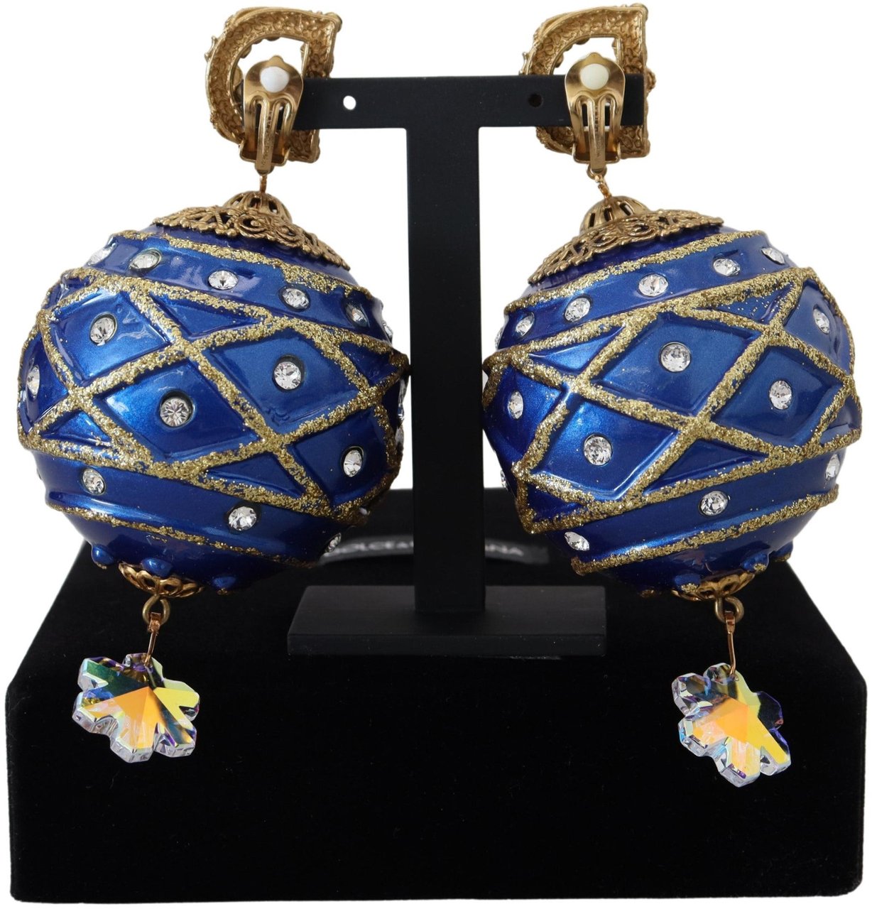 Dolce & Gabbana Gold Brass Blue Dangle Ball Crystal Clip On Earrings Divers