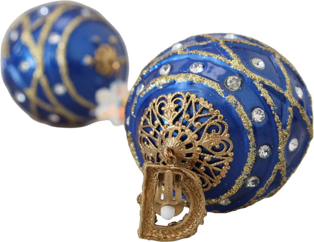 Dolce & Gabbana Gold Brass Blue Dangle Ball Crystal Clip On Earrings Divers