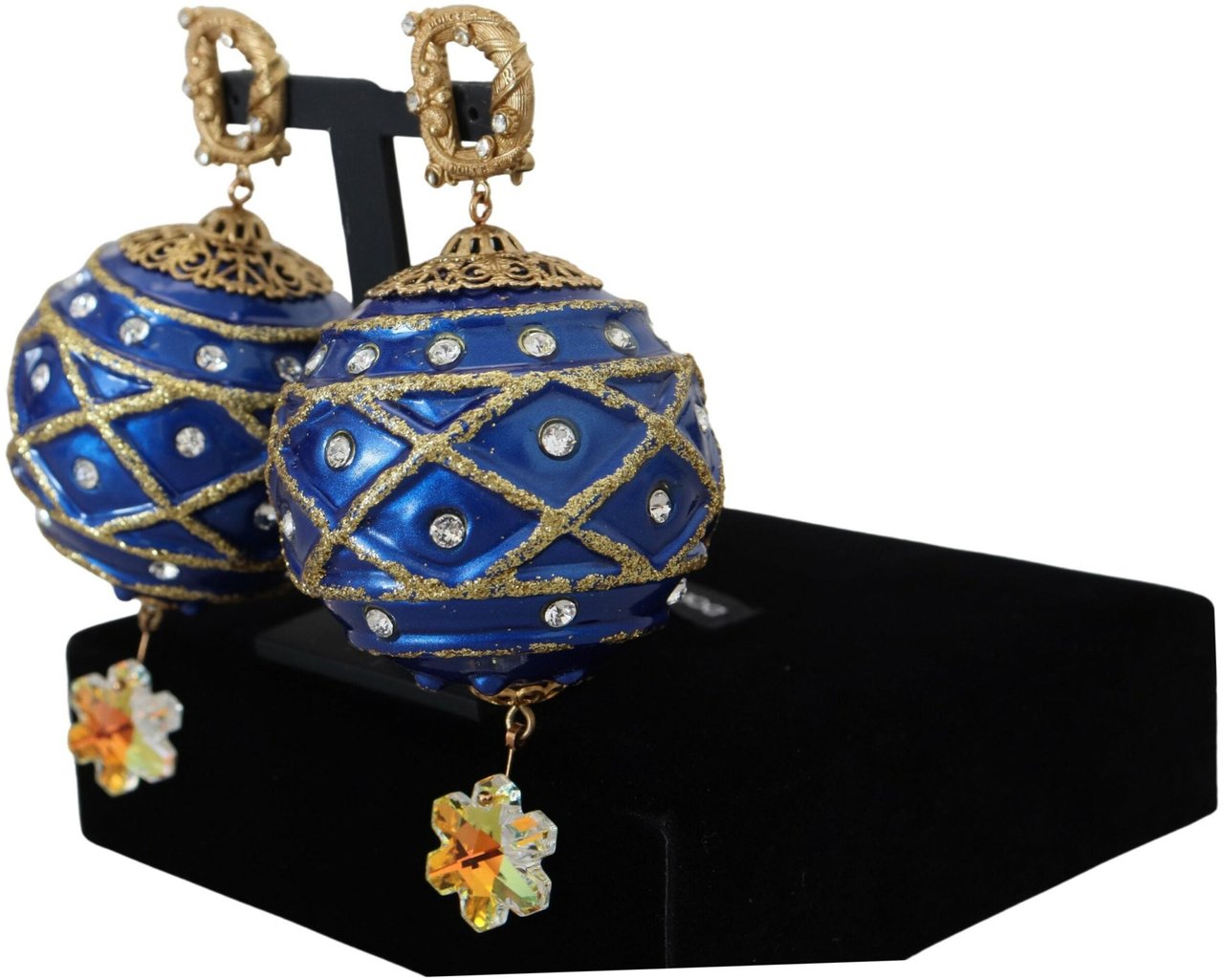 Dolce & Gabbana Gold Brass Blue Dangle Ball Crystal Clip On Earrings Divers