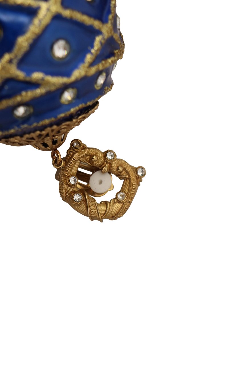 Dolce & Gabbana Gold Brass Blue Dangle Ball Crystal Clip On Earrings Divers
