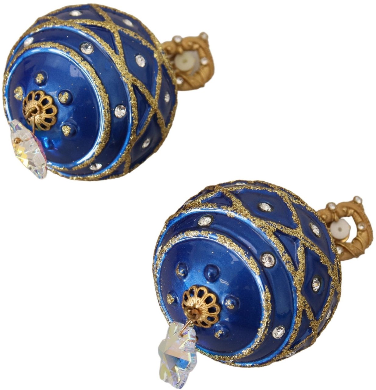 Dolce & Gabbana Gold Brass Blue Dangle Ball Crystal Clip On Earrings Divers