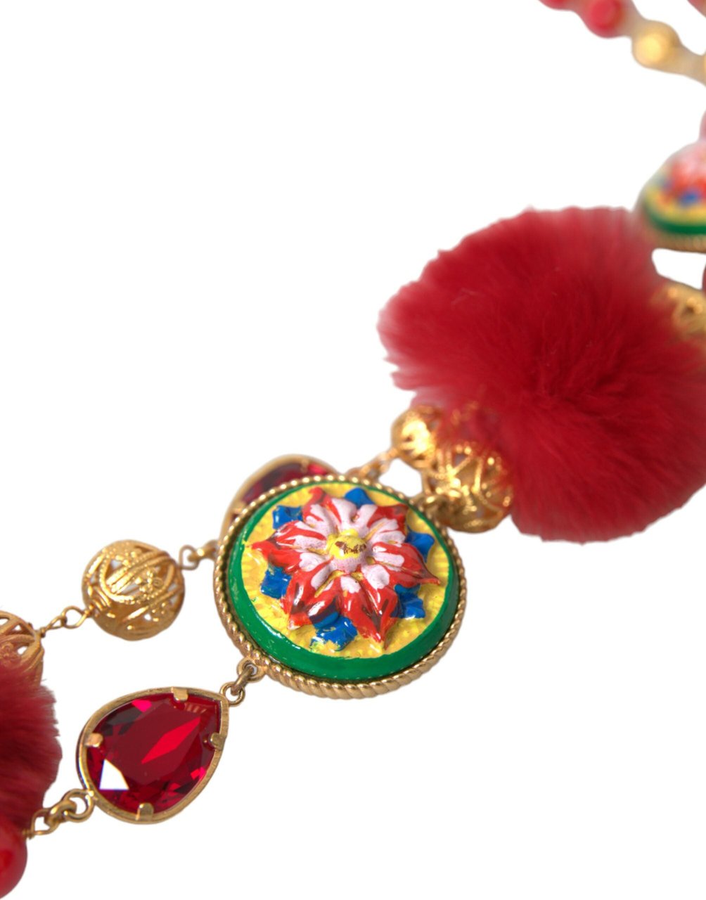 Dolce & Gabbana Gold Brass Red Fur Crystal Carretto Chain Necklace Divers