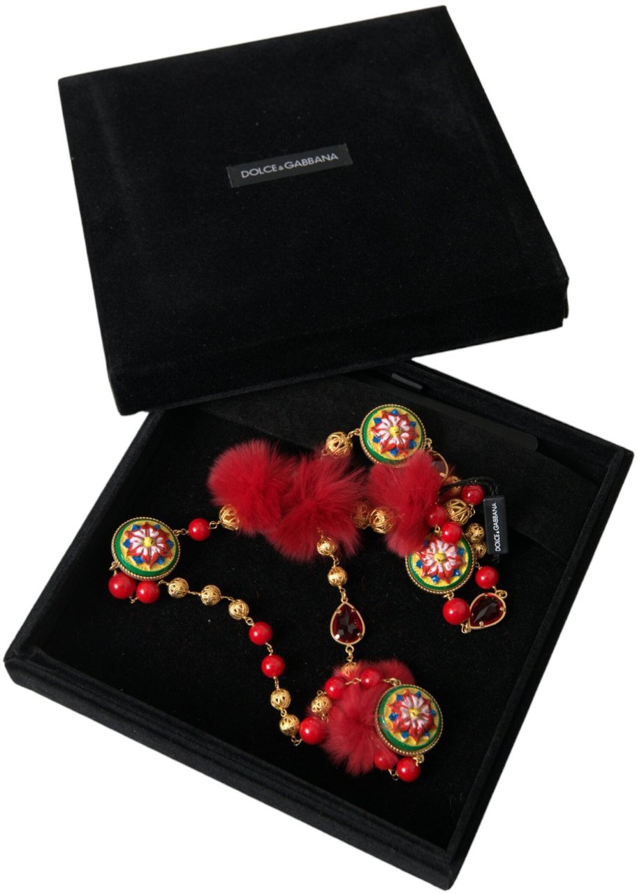 Dolce & Gabbana Gold Brass Red Fur Crystal Carretto Chain Necklace Divers