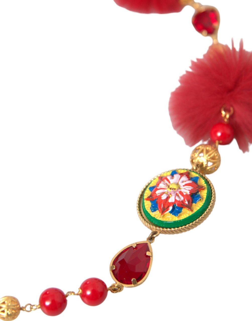 Dolce & Gabbana Gold Brass Red Fur Crystal Carretto Chain Necklace Divers
