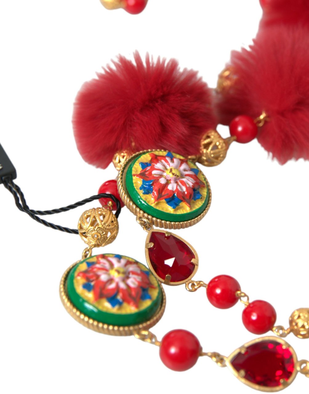 Dolce & Gabbana Gold Brass Red Fur Crystal Carretto Chain Necklace Divers