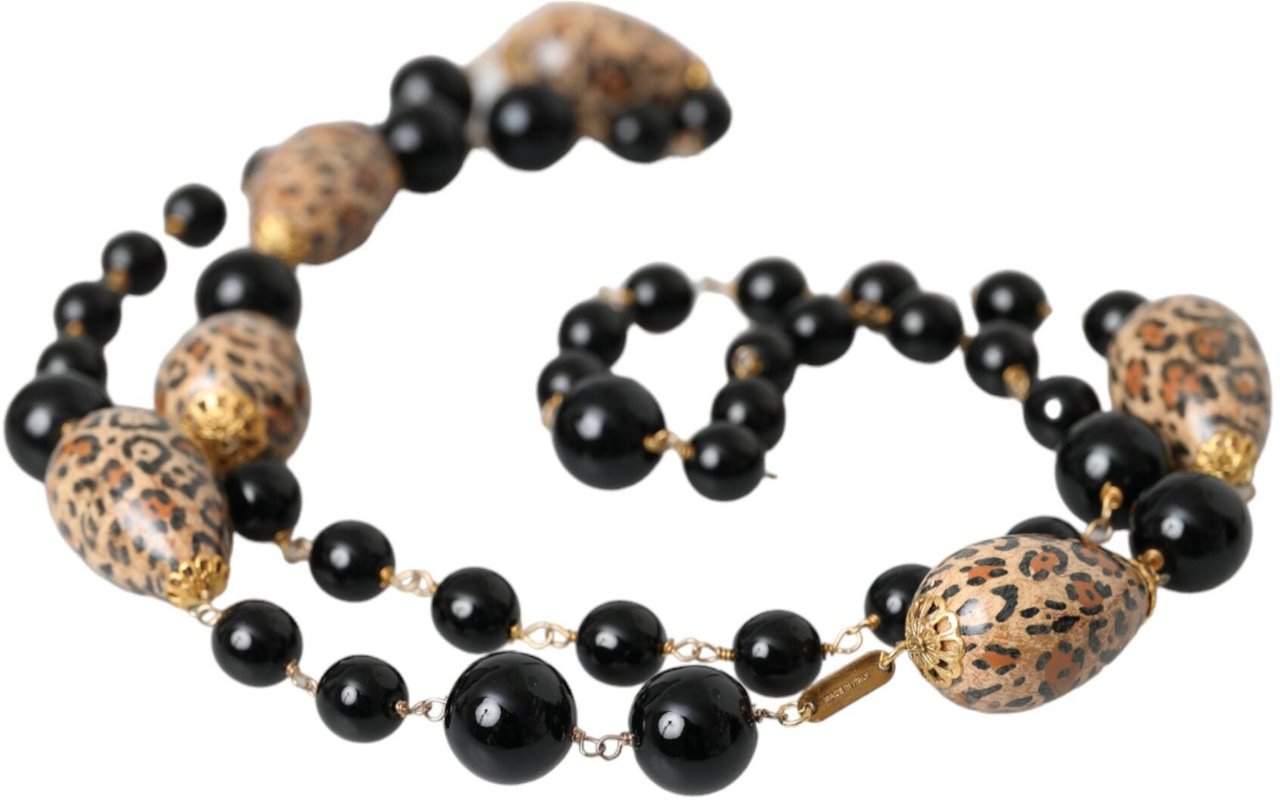 Dolce & Gabbana Gold Tone Brass Black Printed Beaded Long Chain Necklace Divers