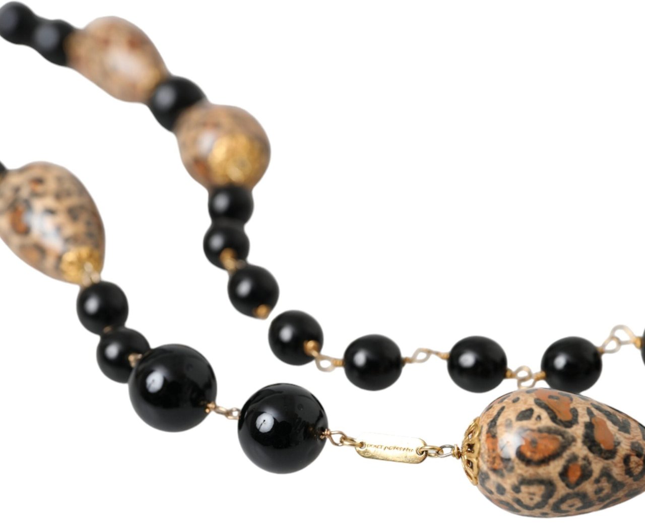 Dolce & Gabbana Gold Tone Brass Black Printed Beaded Long Chain Necklace Divers