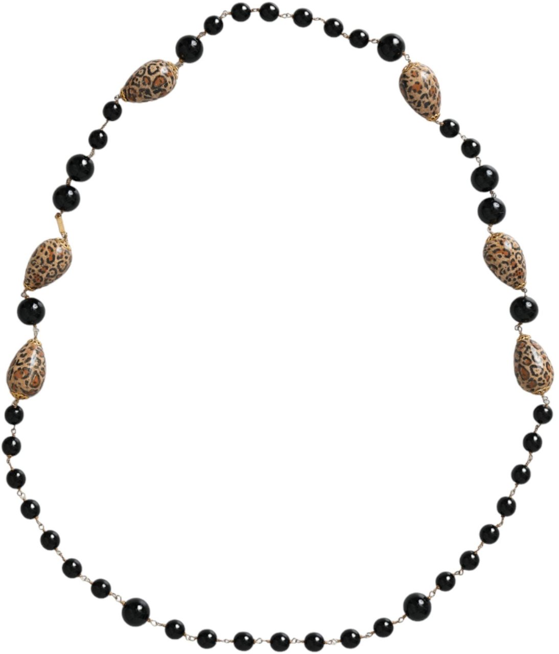 Dolce & Gabbana Gold Tone Brass Black Printed Beaded Long Chain Necklace Divers