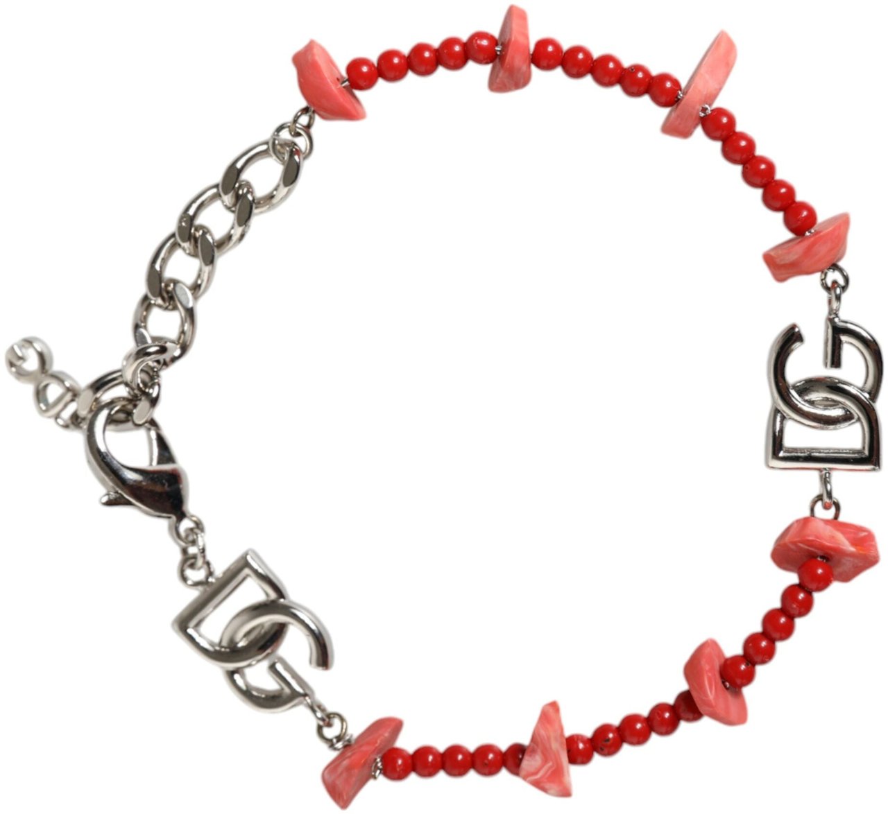 Dolce & Gabbana Silver Tone Brass Beaded Resin DG Logo Chain Bracelet Zilver