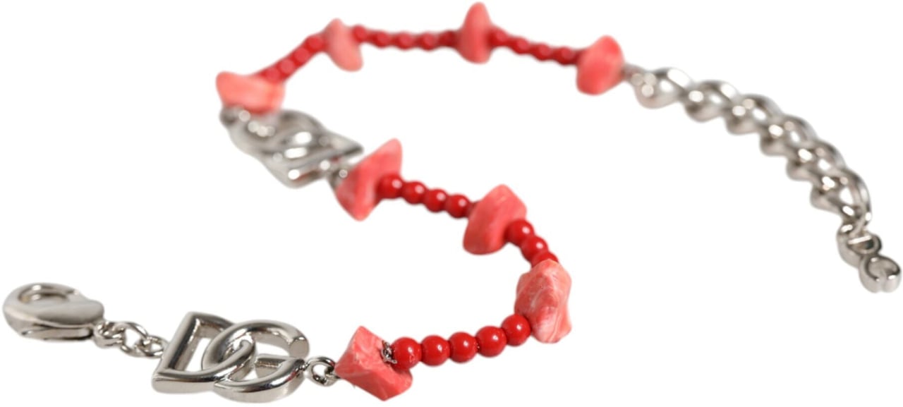 Dolce & Gabbana Silver Tone Brass Beaded Resin DG Logo Chain Bracelet Zilver