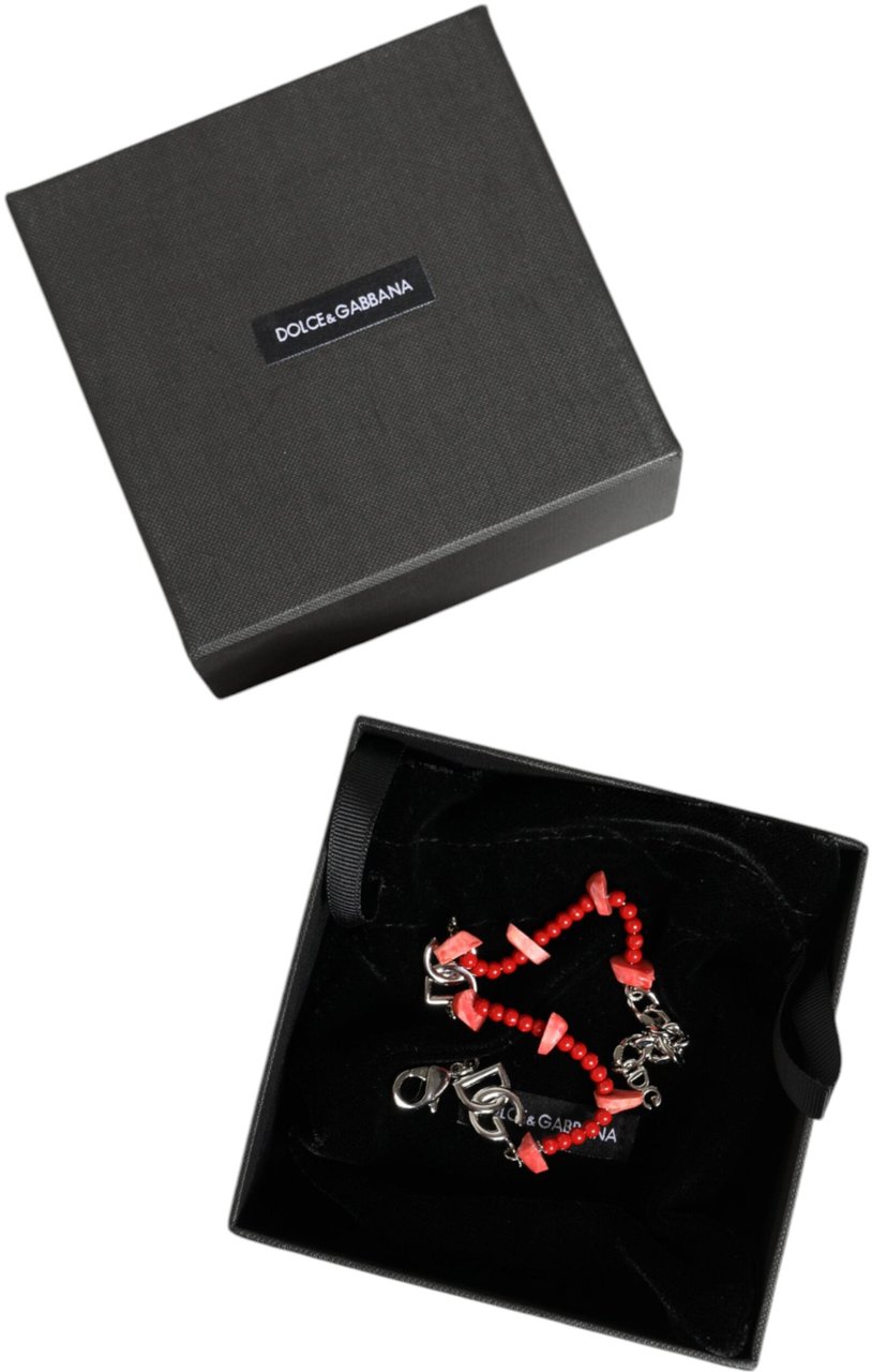 Dolce & Gabbana Silver Tone Brass Beaded Resin DG Logo Chain Bracelet Zilver