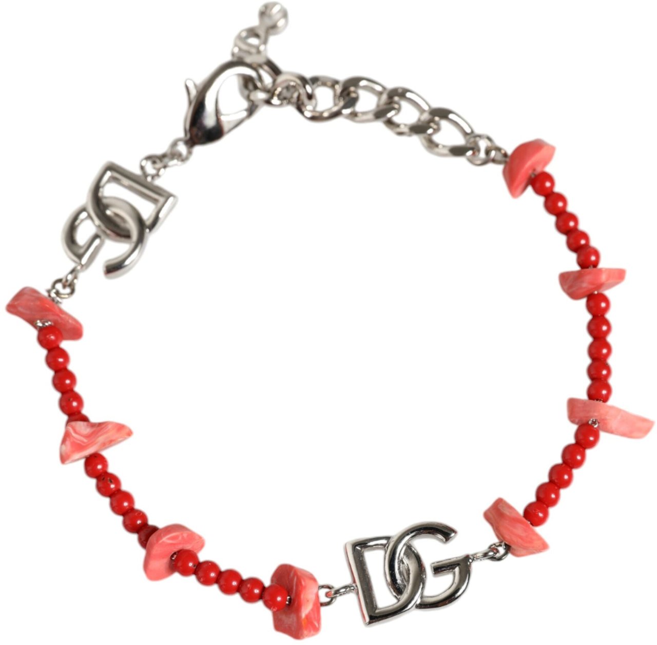 Dolce & Gabbana Silver Tone Brass Beaded Resin DG Logo Chain Bracelet Zilver