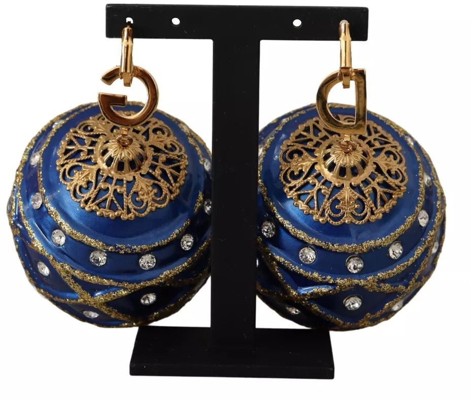 Dolce & Gabbana Gold Brass Blue Christmas Ball Crystal Hook Jewelry Earrings Divers