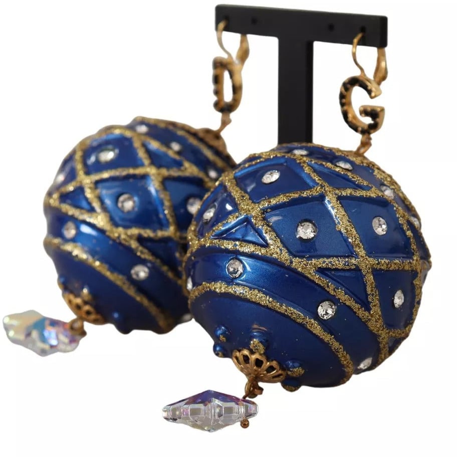 Dolce & Gabbana Gold Brass Blue Christmas Ball Crystal Hook Jewelry Earrings Divers