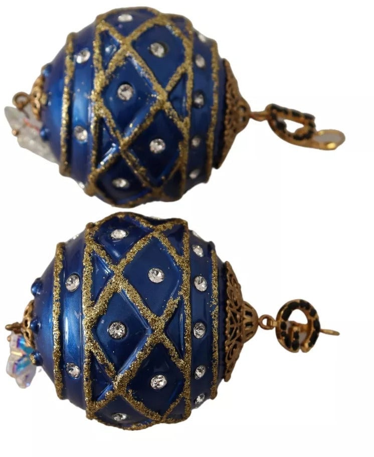 Dolce & Gabbana Gold Brass Blue Christmas Ball Crystal Hook Jewelry Earrings Divers