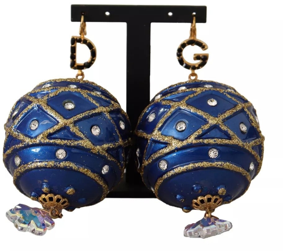 Dolce & Gabbana Gold Brass Blue Christmas Ball Crystal Hook Jewelry Earrings Divers