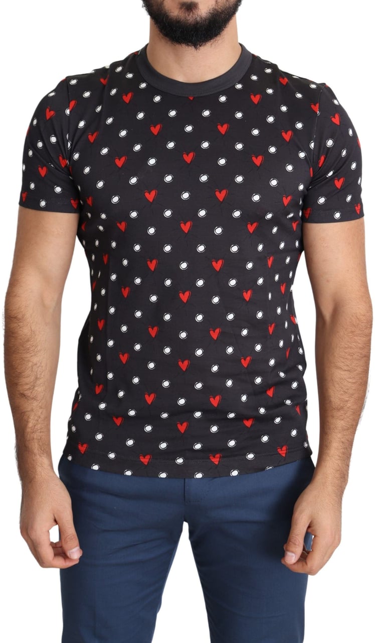 Dolce & Gabbana Dark Gray Hearts Print Cotton Men T-shirt Grijs