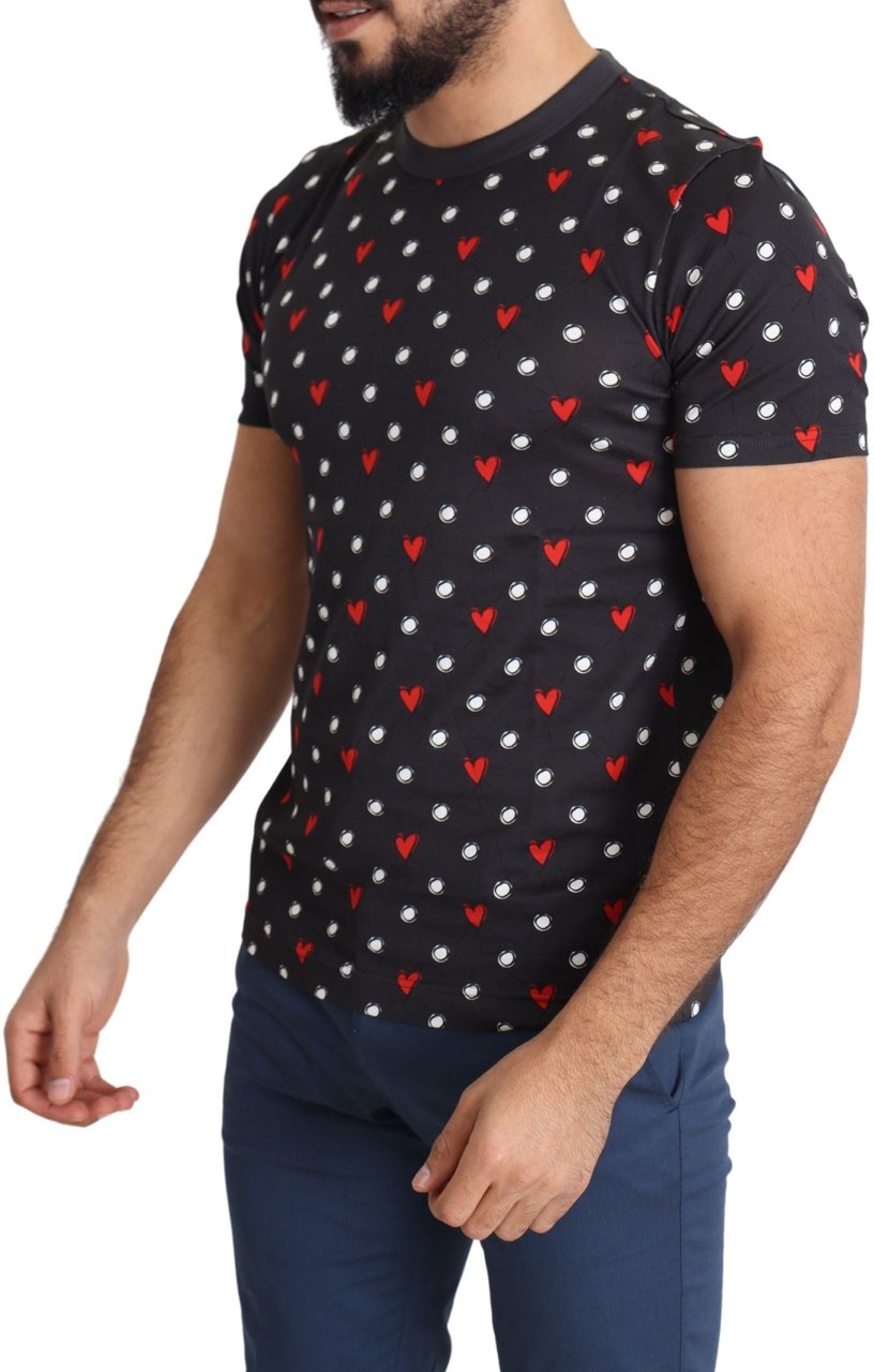 Dolce & Gabbana Dark Gray Hearts Print Cotton Men T-shirt Grijs