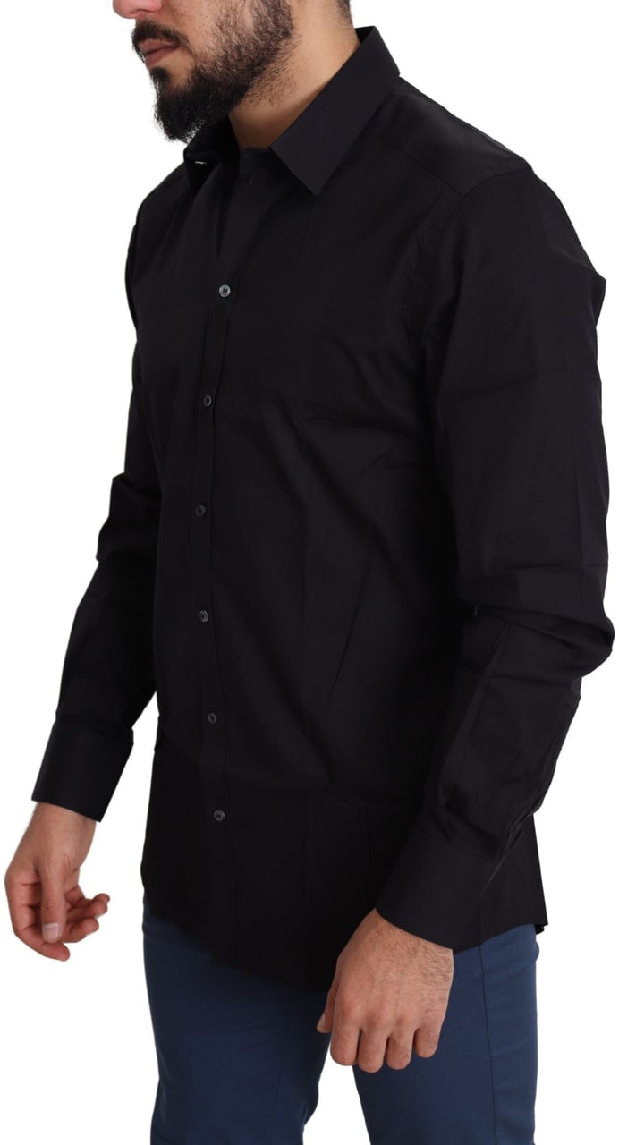 Dolce & Gabbana Black Cotton Stretch Formal GOLD Dress Shirt Zwart