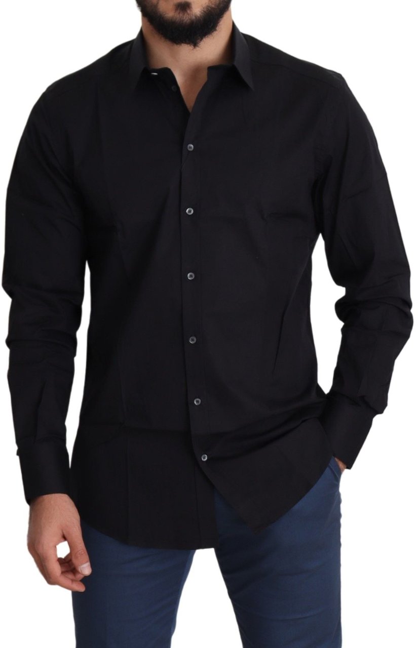Dolce & Gabbana Black Cotton Stretch Formal GOLD Dress Shirt Zwart