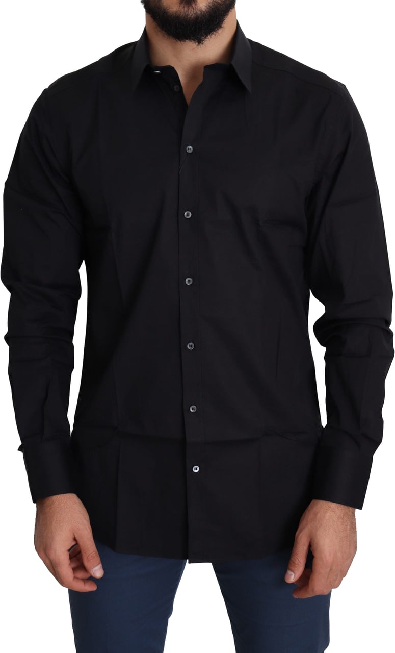 Dolce & Gabbana Black Cotton Stretch Formal GOLD Dress Shirt Zwart
