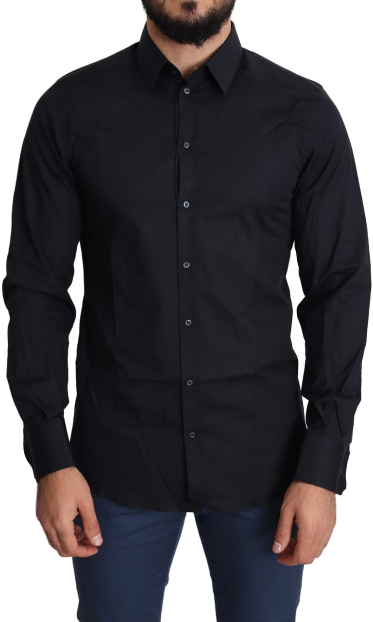 Dolce & Gabbana Blue Cotton Formal GOLD Dress Shirt Zwart