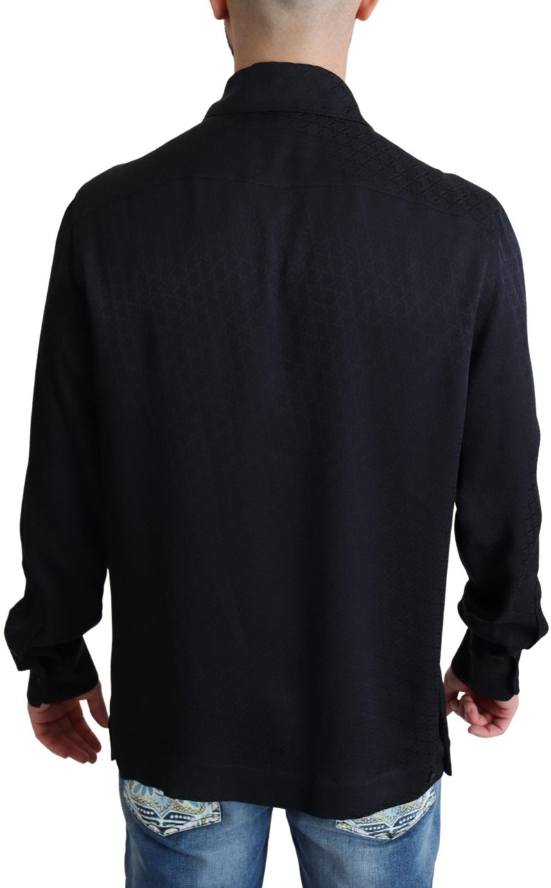 Dolce & Gabbana Black Jacquard Silk Casual Button Down Shirt Zwart