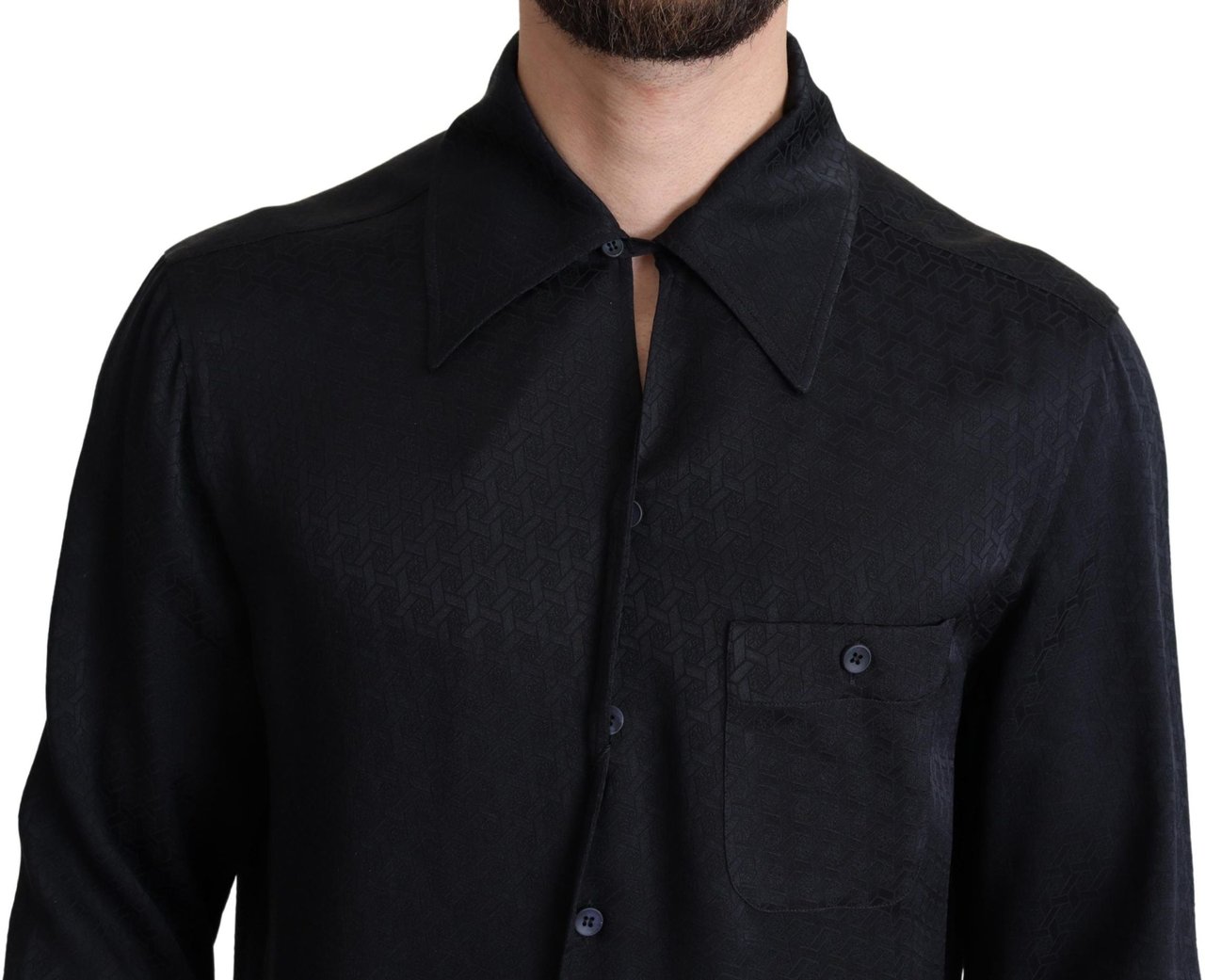 Dolce & Gabbana Black Jacquard Silk Casual Button Down Shirt Zwart