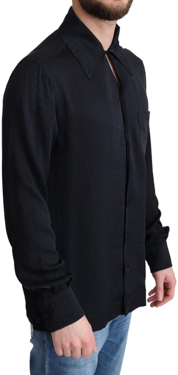 Dolce & Gabbana Black Jacquard Silk Casual Button Down Shirt Zwart